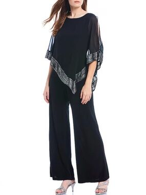 SLNY Black Wide-Leg Jumpsuit with Sheer Embellished Cape